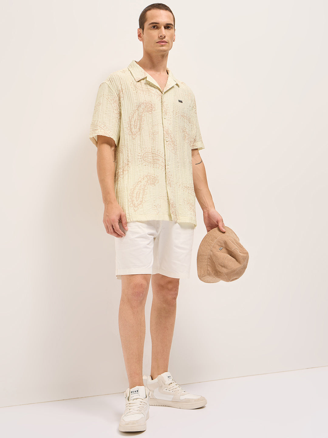 Men Cream Viscose Paisley Print Relaxed Fit Cuban Collar Shirt