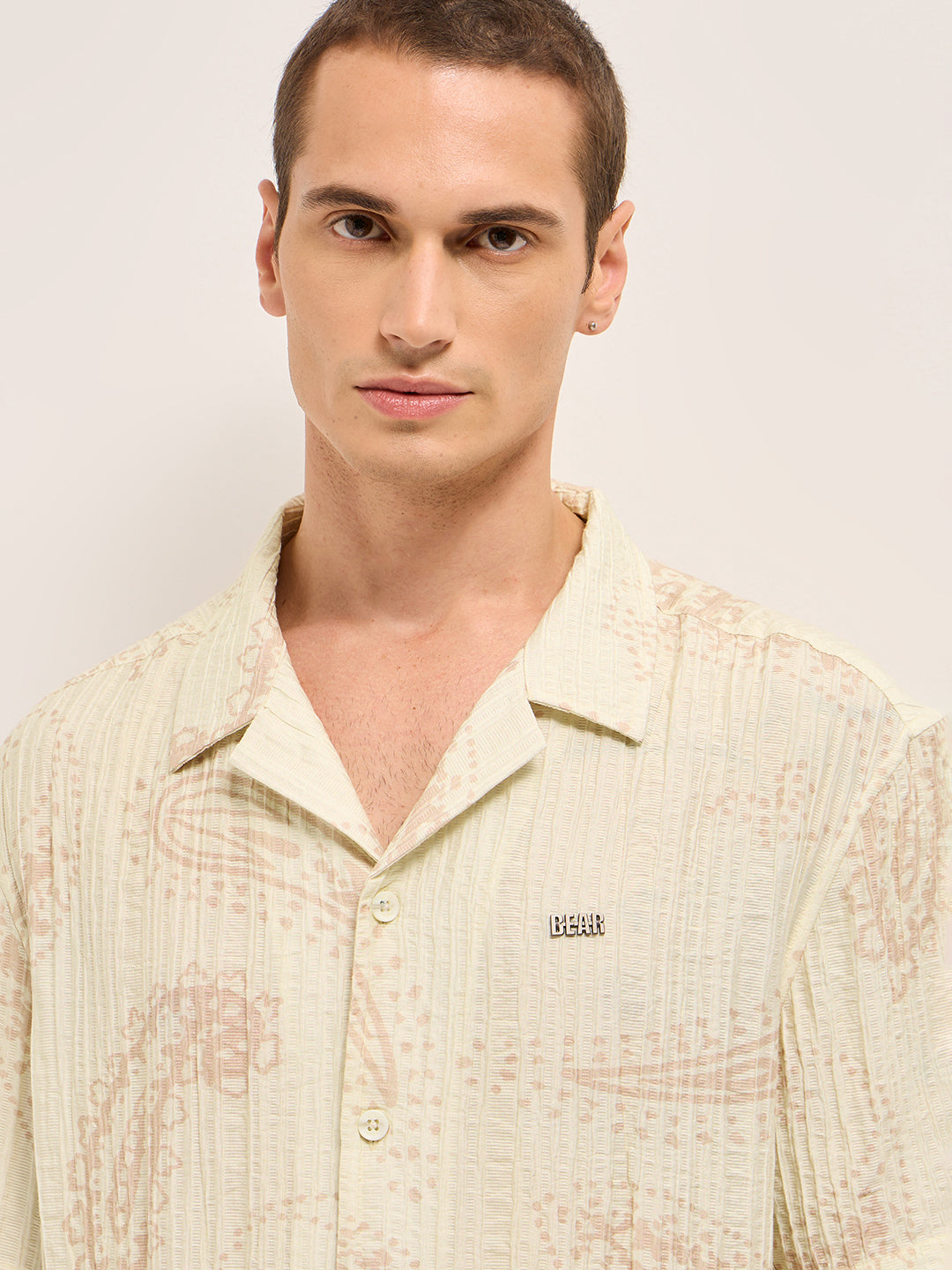 Men Cream Viscose Paisley Print Relaxed Fit Cuban Collar Shirt