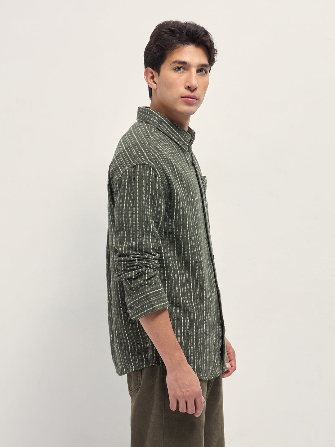 Men Green Woven Stripe Design Relaxed Fit Casual Shirt