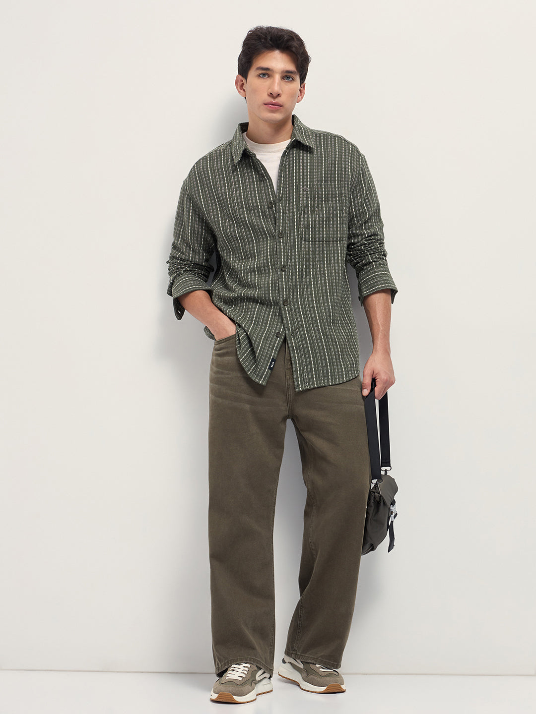 Men Green Woven Stripe Design Relaxed Fit Casual Shirt