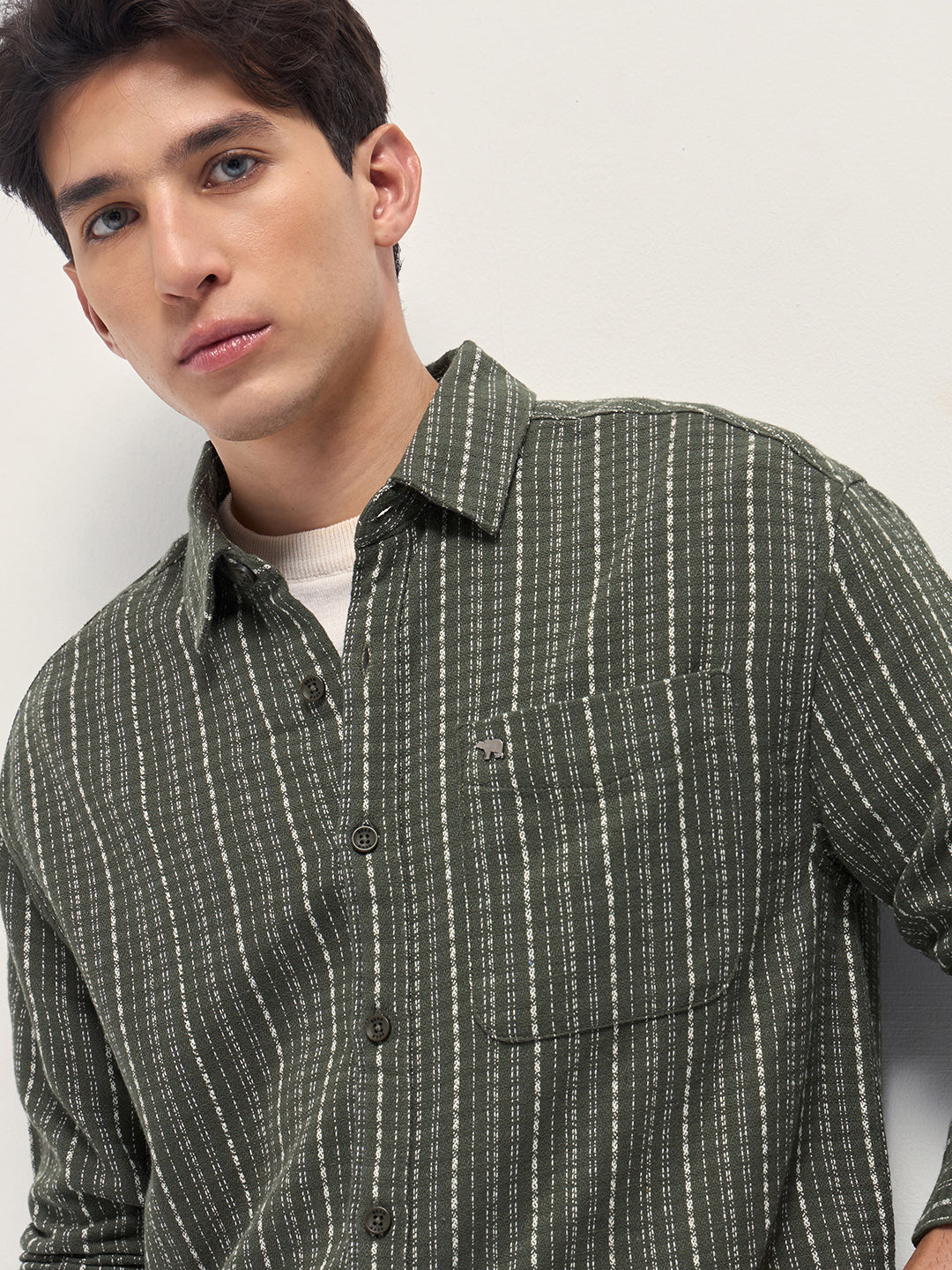 Men Green Woven Stripe Design Relaxed Fit Casual Shirt