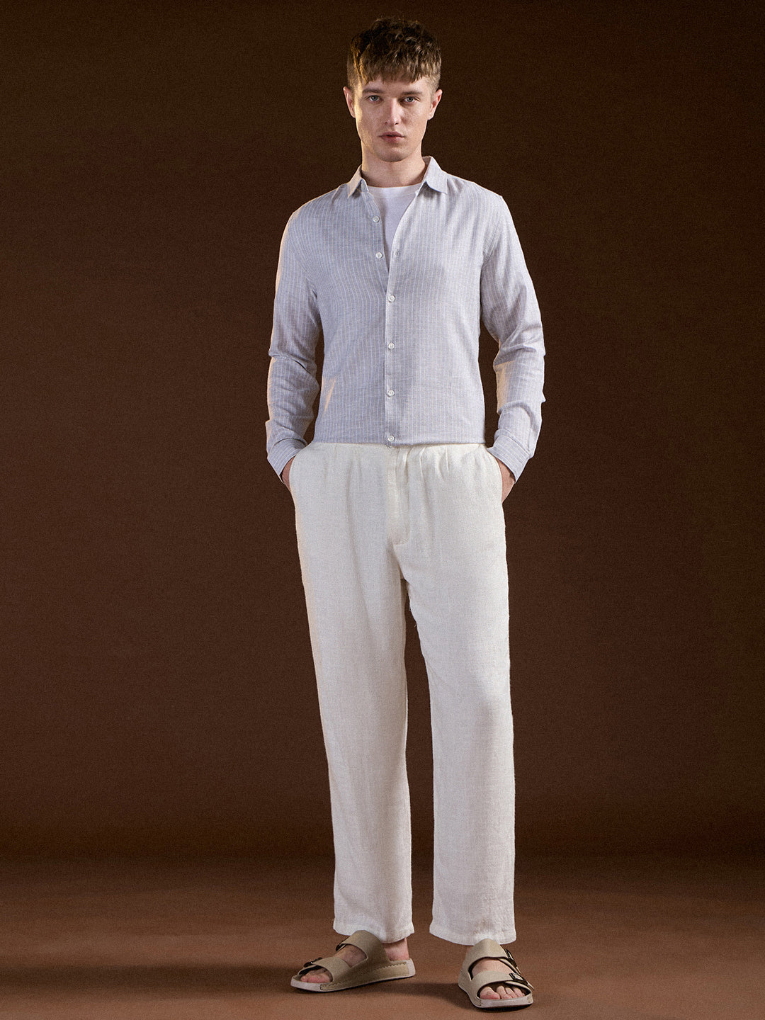 Men Grey Vertical Stripes Slim Fit Casual Shirt