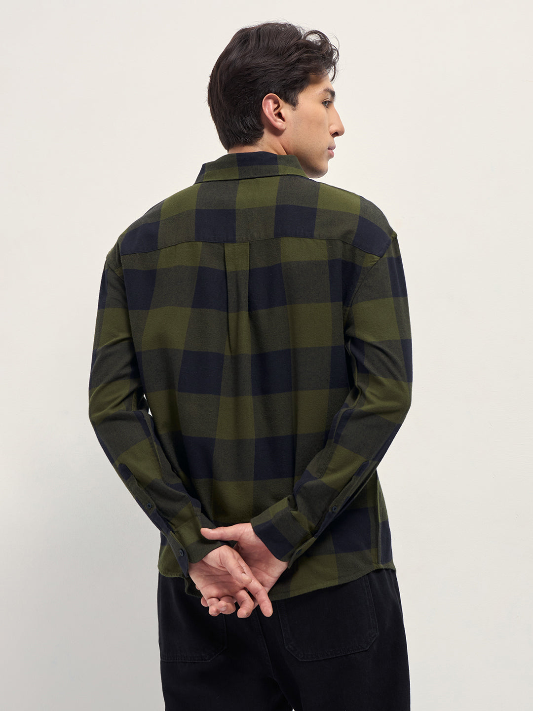 Men Olive and Navy Blue Buffalo Checked Relaxed Fit Casual Shirt