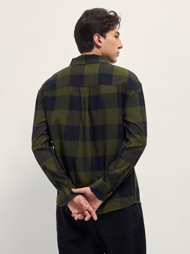 Men Olive and Navy Blue Buffalo Checked Relaxed Fit Casual Shirt