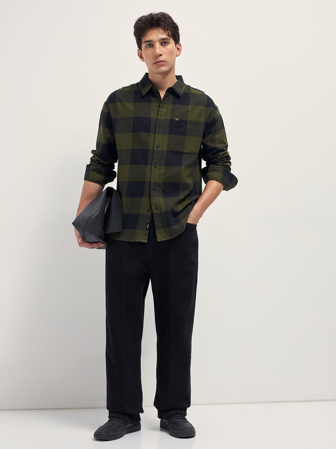 Men Olive and Navy Blue Buffalo Checked Relaxed Fit Casual Shirt