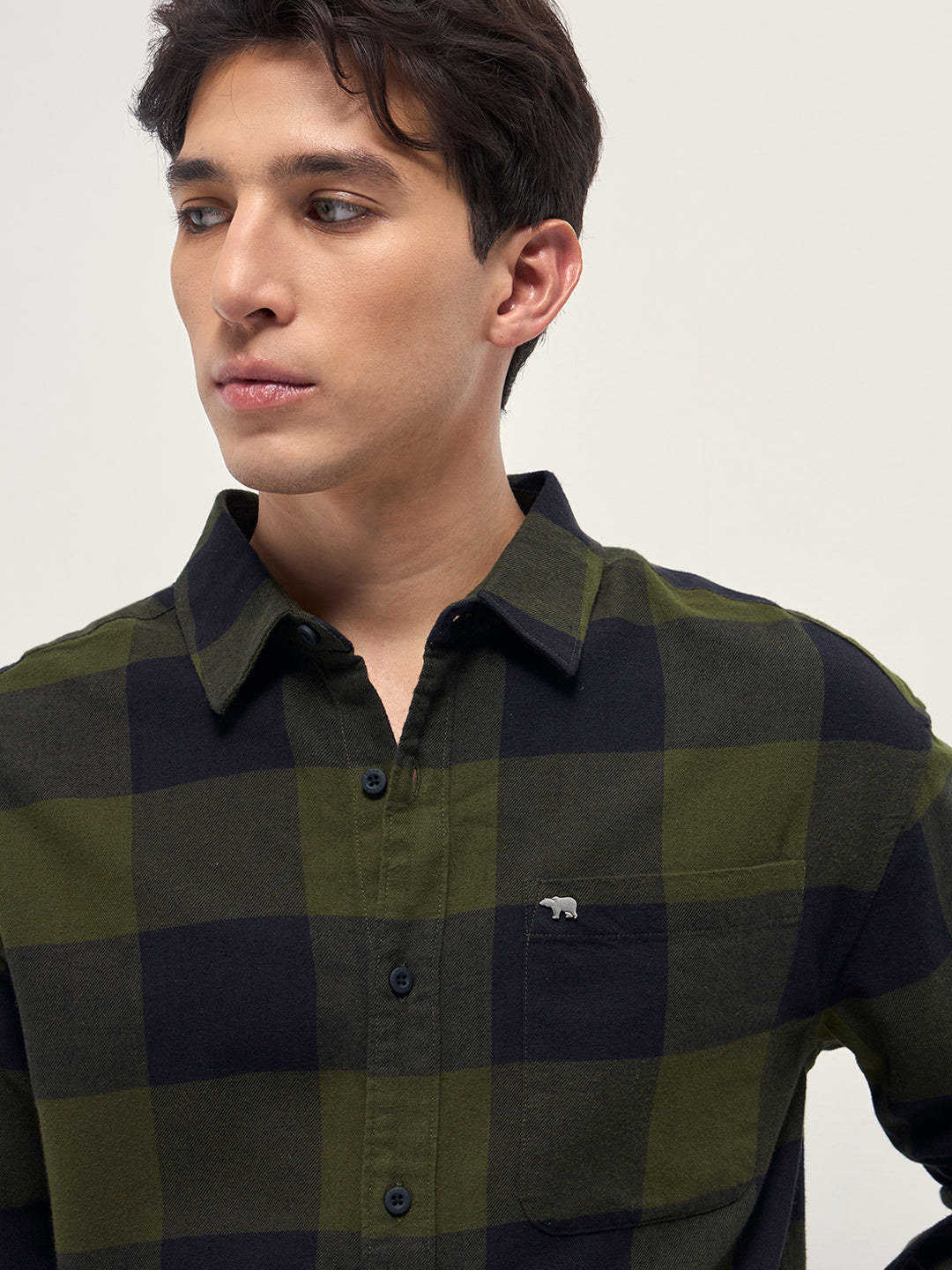 Men Olive and Navy Blue Buffalo Checked Relaxed Fit Casual Shirt