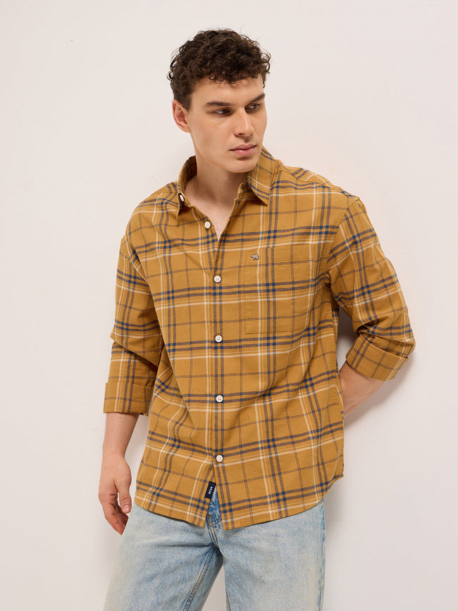 Men Yellow Woven Checked Design Relax Fit Overshirt