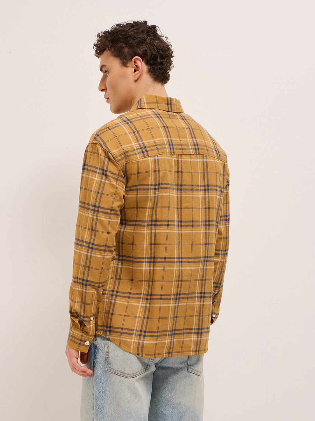 Men Yellow Woven Checked Design Relax Fit Overshirt