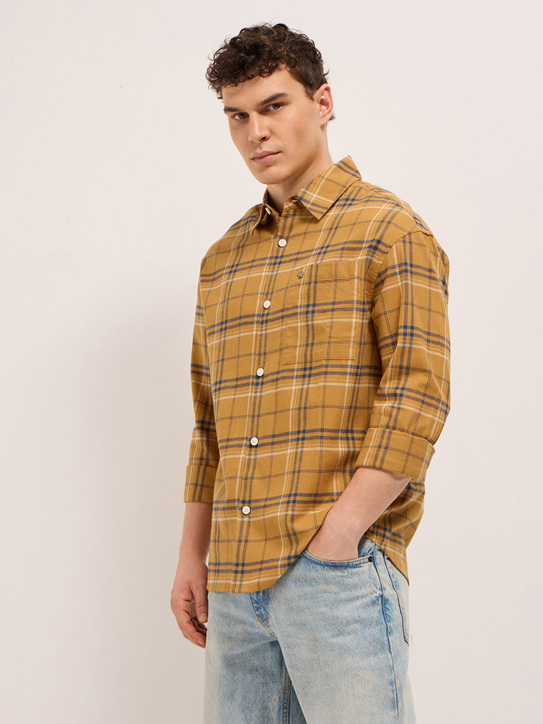 Men Yellow Woven Checked Design Relax Fit Overshirt
