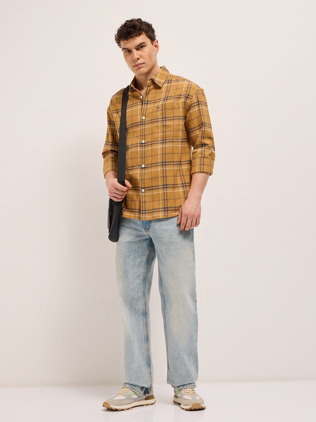 Men Yellow Woven Checked Design Relax Fit Overshirt