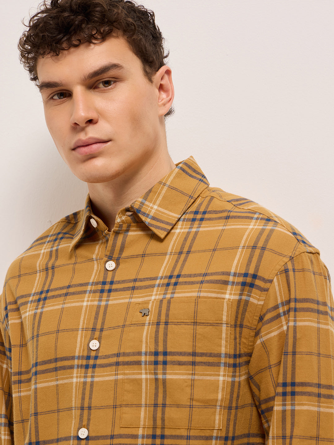 Men Yellow Woven Checked Design Relax Fit Overshirt