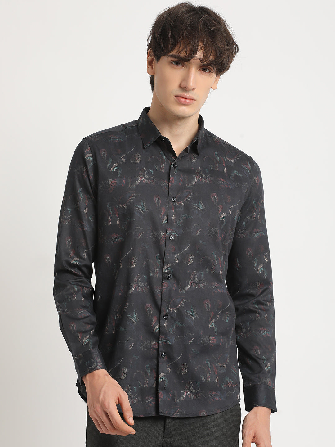 Men Blue Printed Slim Fit Cotton Casual Shirt