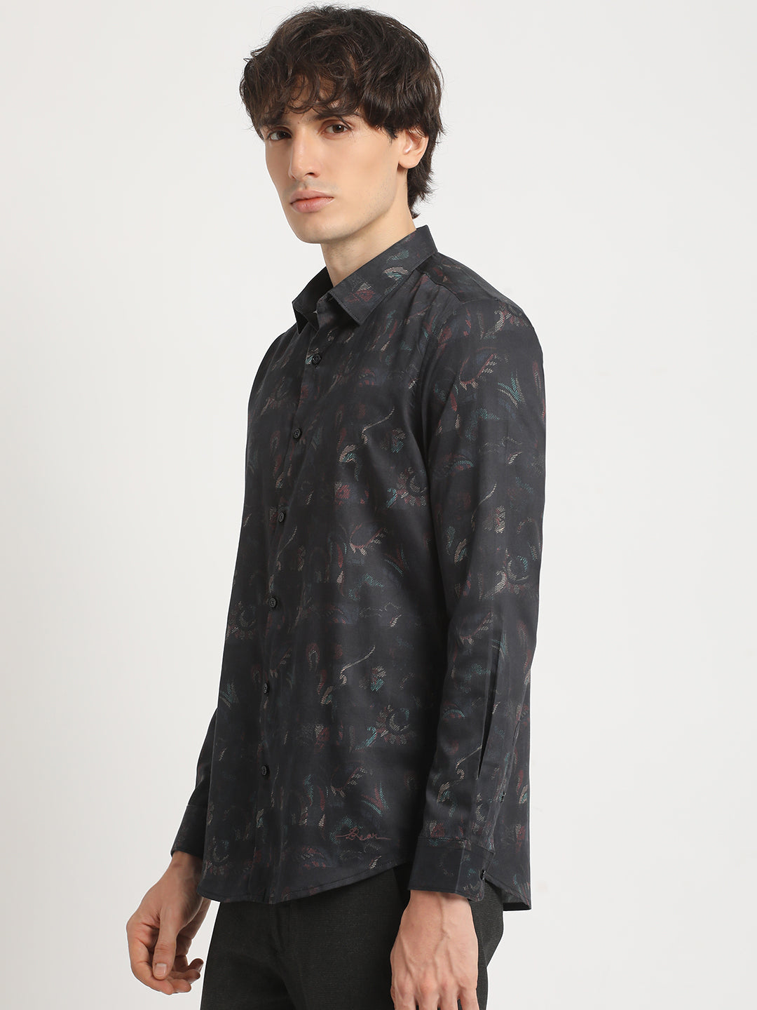 Men Blue Printed Slim Fit Cotton Casual Shirt