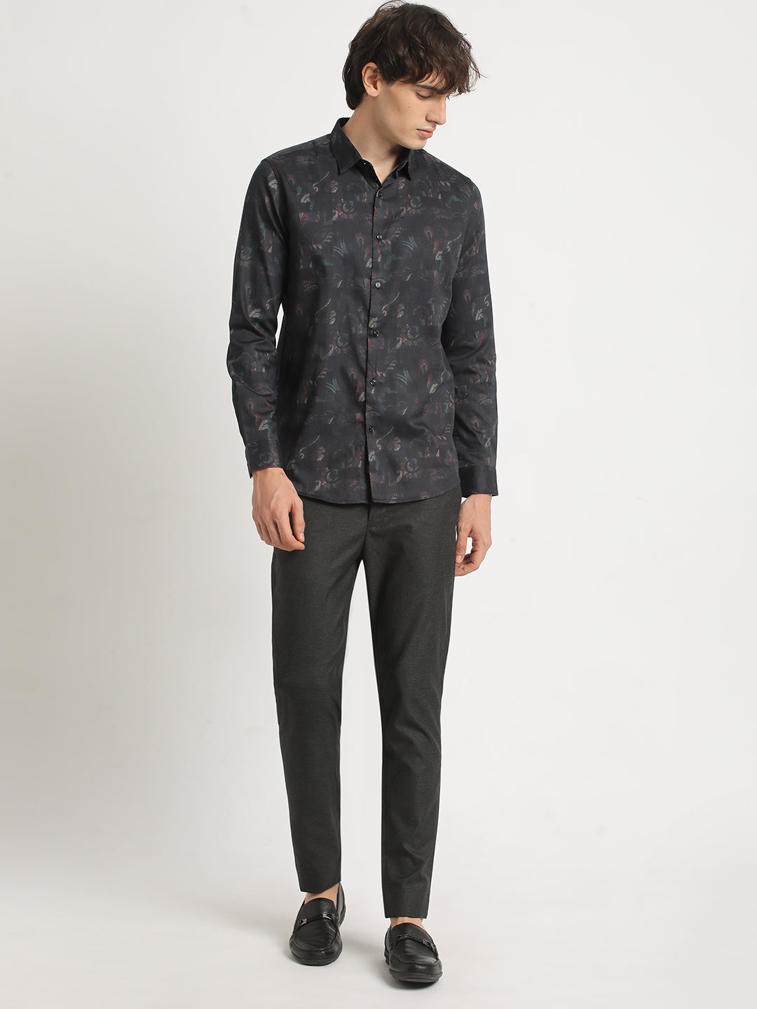 Men Blue Printed Slim Fit Cotton Casual Shirt