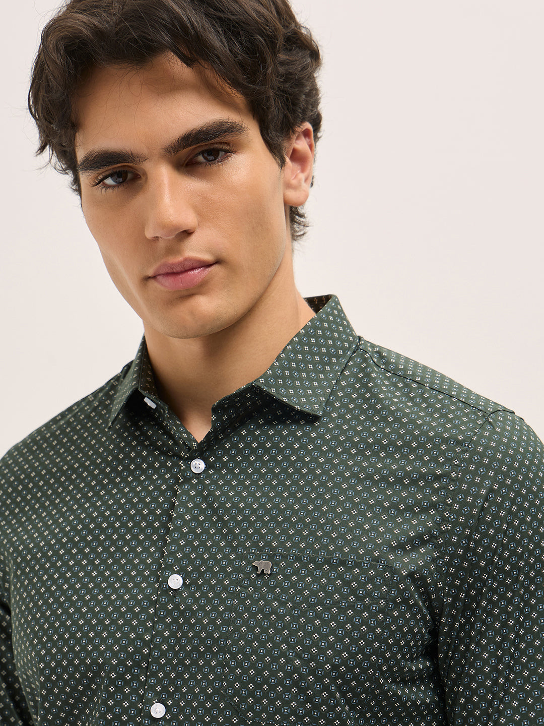 Men Green Geometric Printed Tailored Fit Formal Shirt
