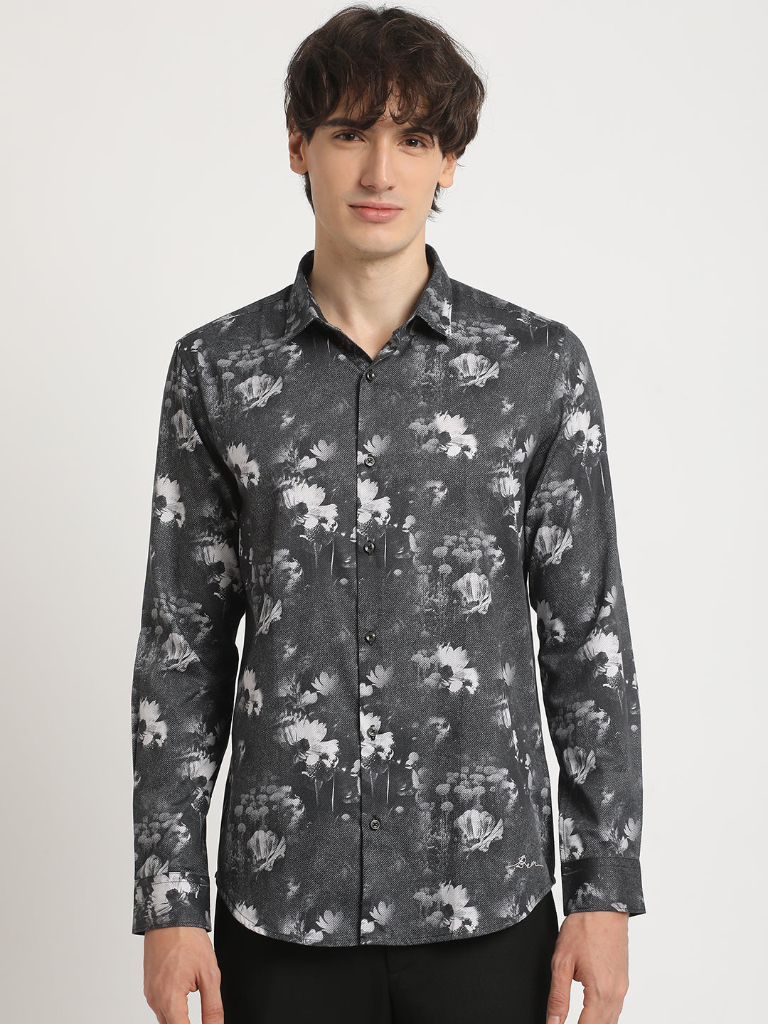 Men Black Printed Slim Fit Cotton Casual Shirt