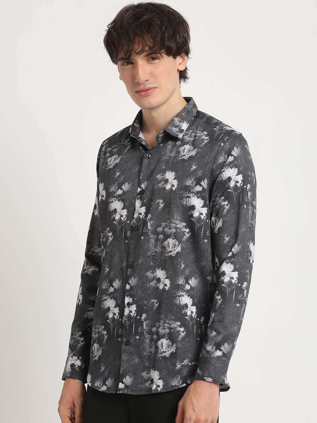 Men Black Printed Slim Fit Cotton Casual Shirt