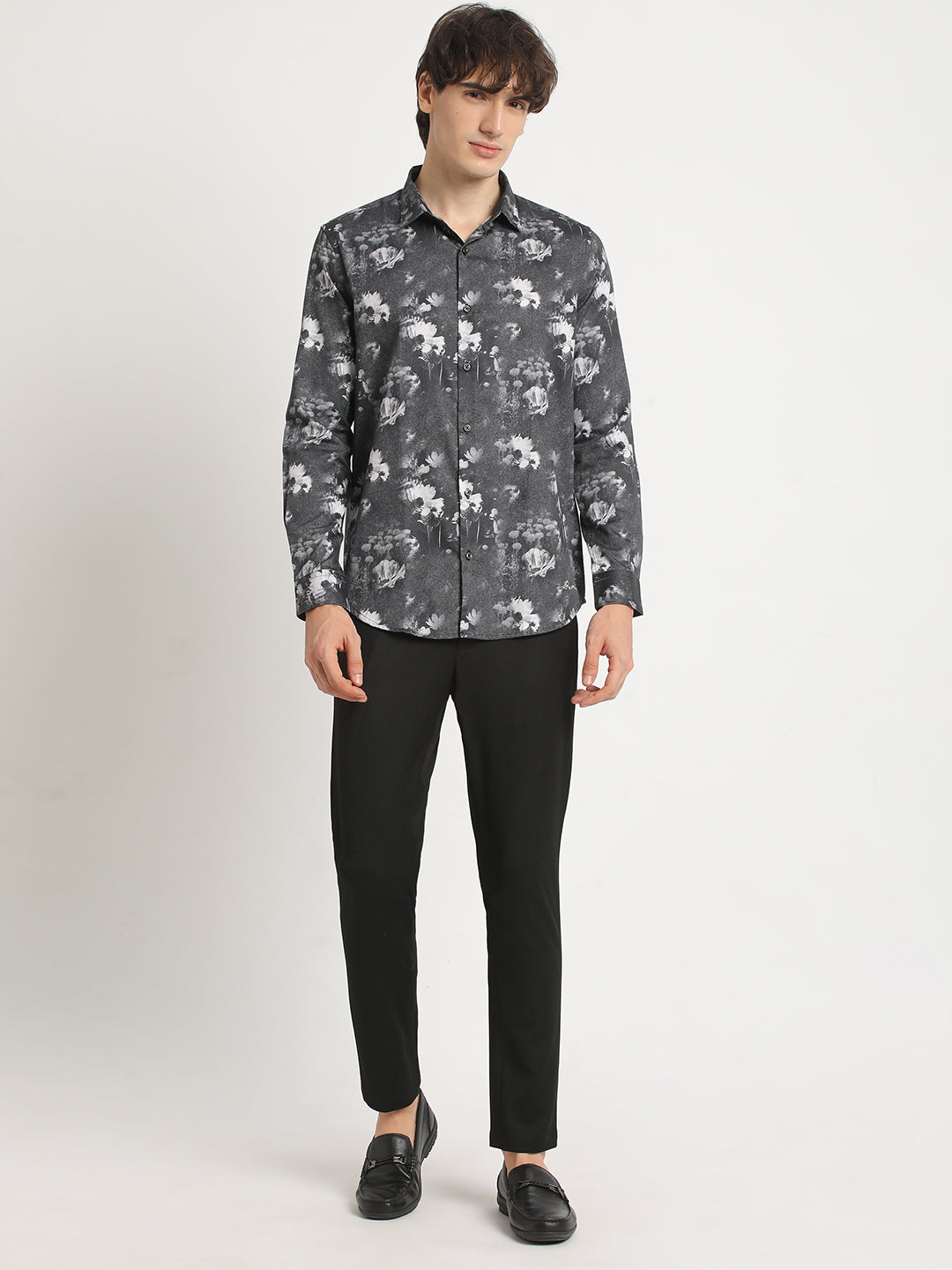 Men Black Printed Slim Fit Cotton Casual Shirt
