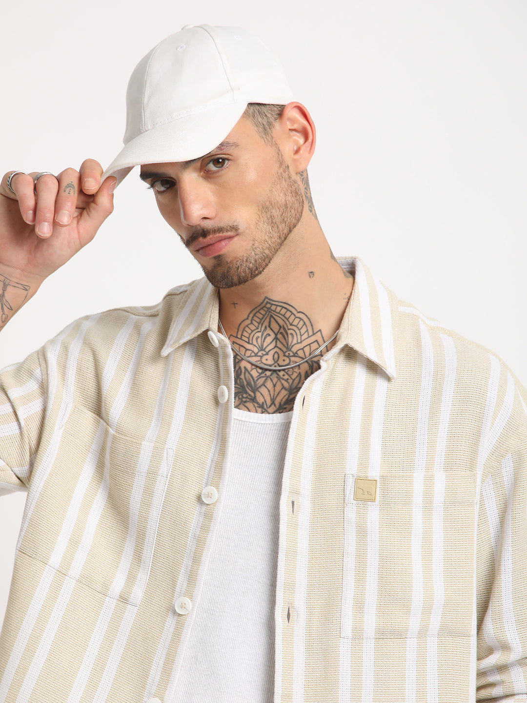 Men Beige Striped Relaxed Fit Cotton Casual Shirt