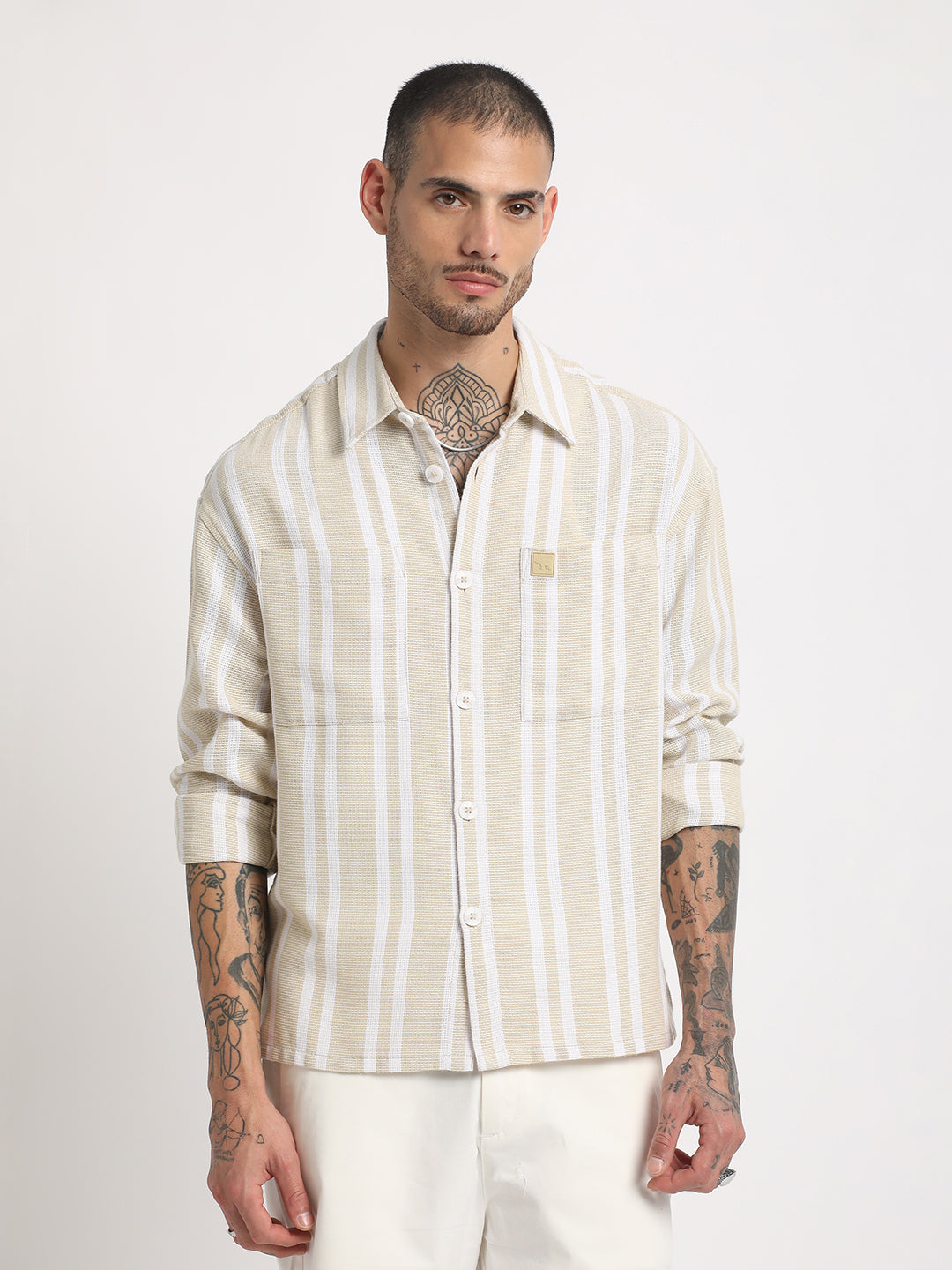 Men Beige Striped Relaxed Fit Cotton Casual Shirt