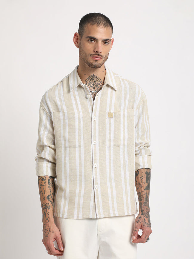 Men Beige Striped Relaxed Fit Cotton Casual Shirt