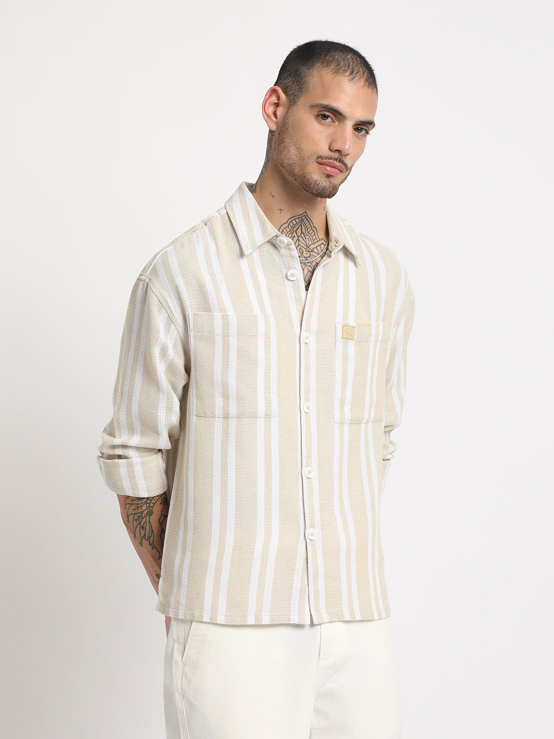 Men Beige Striped Relaxed Fit Cotton Casual Shirt
