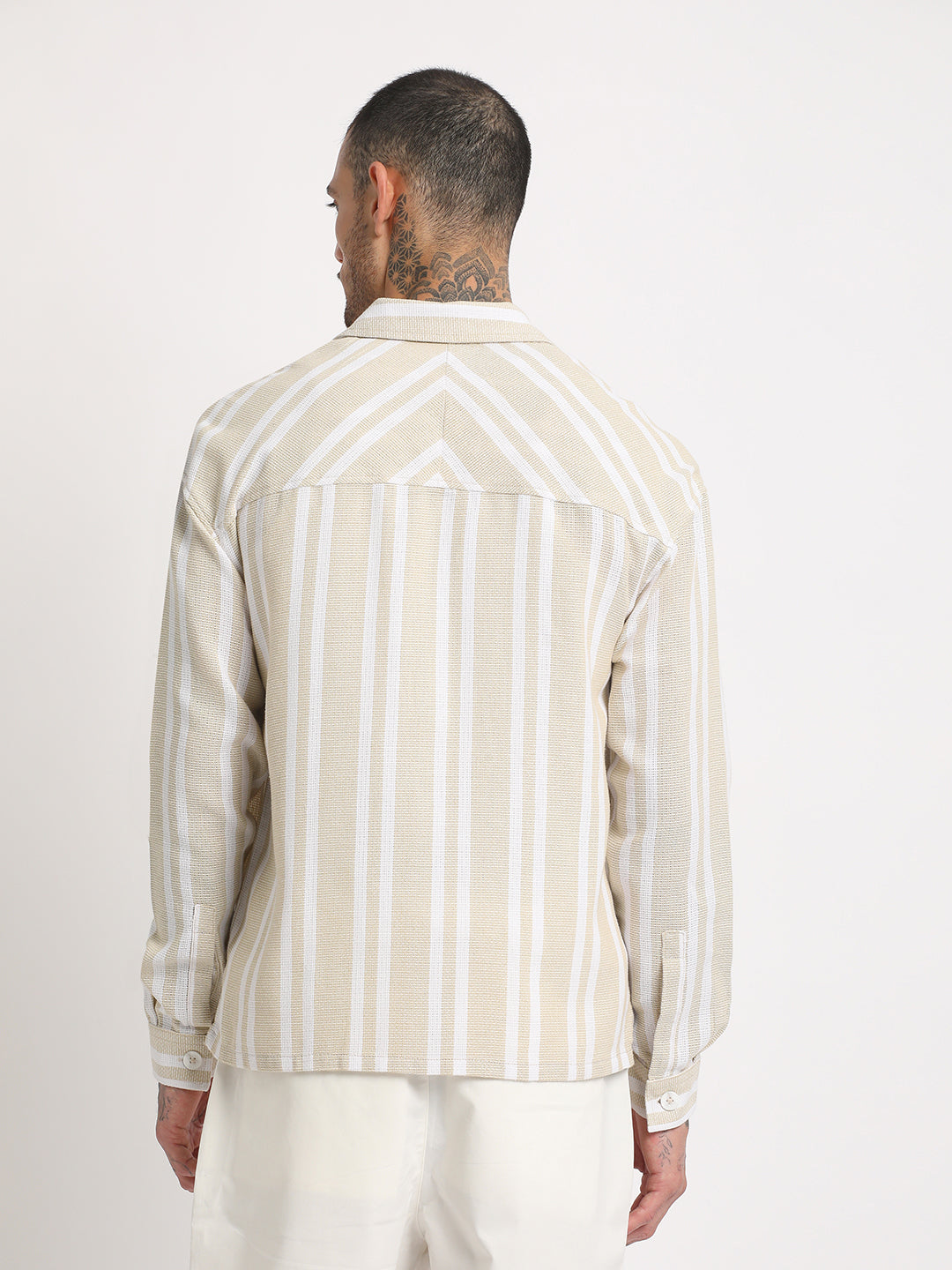 Men Beige Striped Relaxed Fit Cotton Casual Shirt