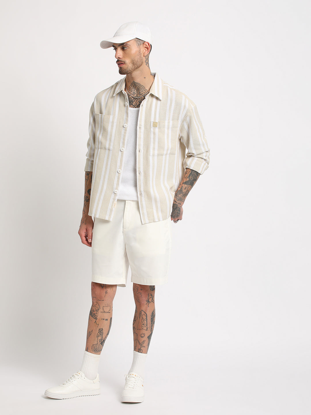 Men Beige Striped Relaxed Fit Cotton Casual Shirt