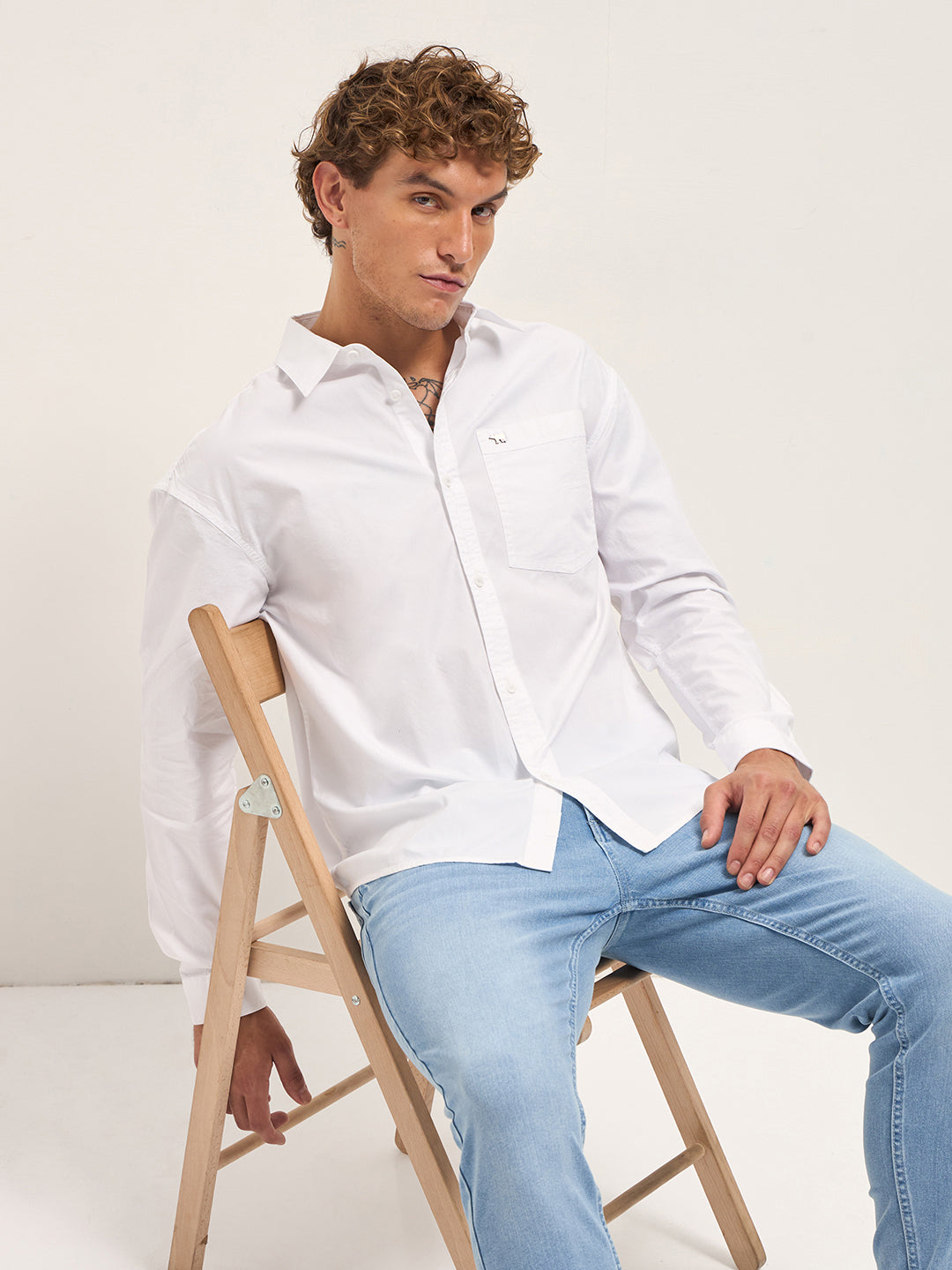 Men White Cotton Solid Relaxed Fit Overshirt