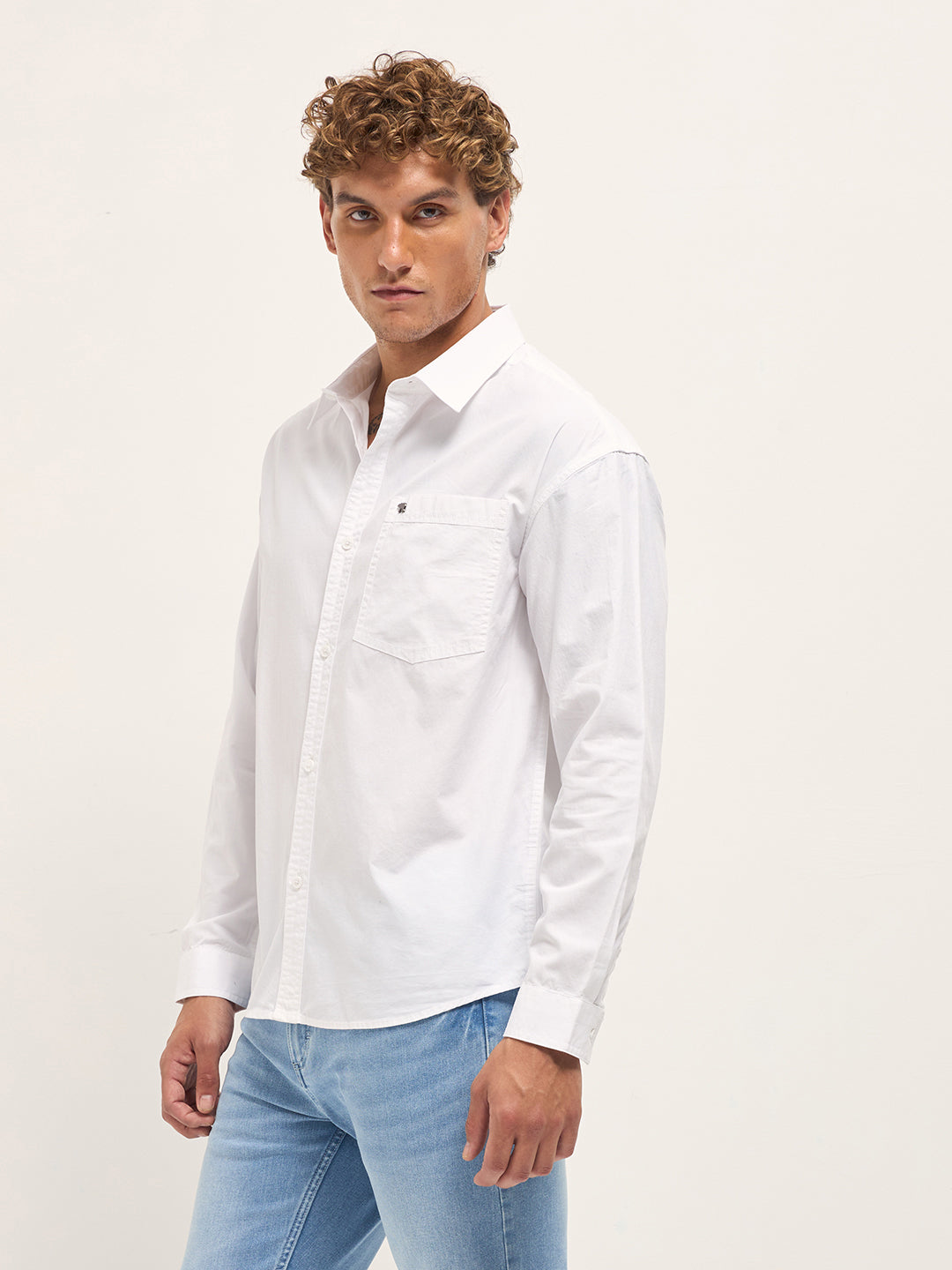 Men White Cotton Solid Relaxed Fit Overshirt