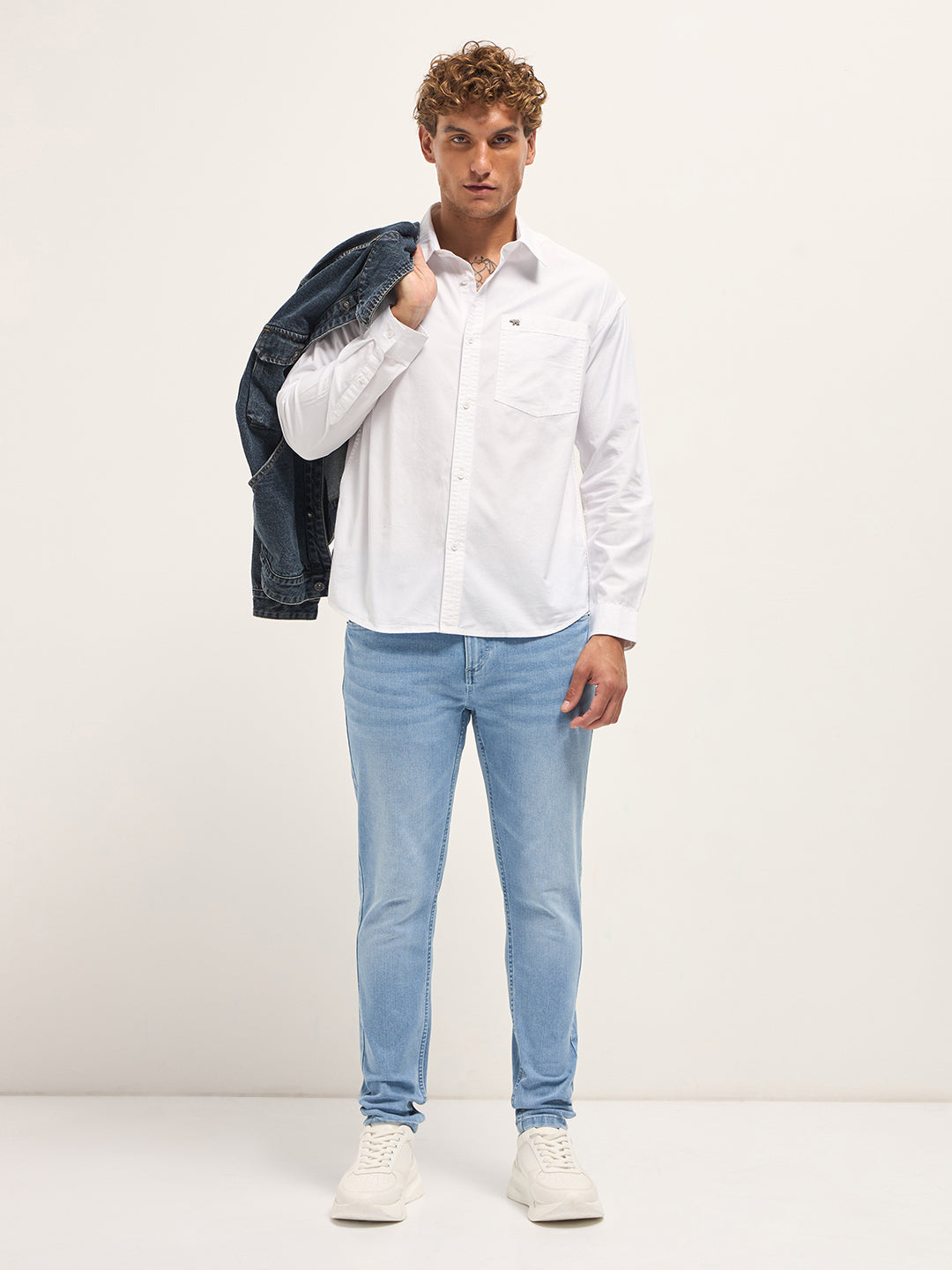 Men White Cotton Solid Relaxed Fit Overshirt