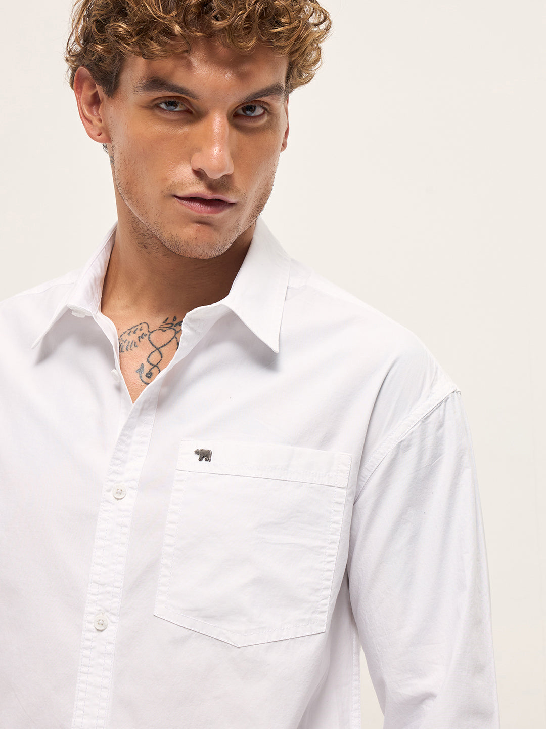 Men White Cotton Solid Relaxed Fit Overshirt