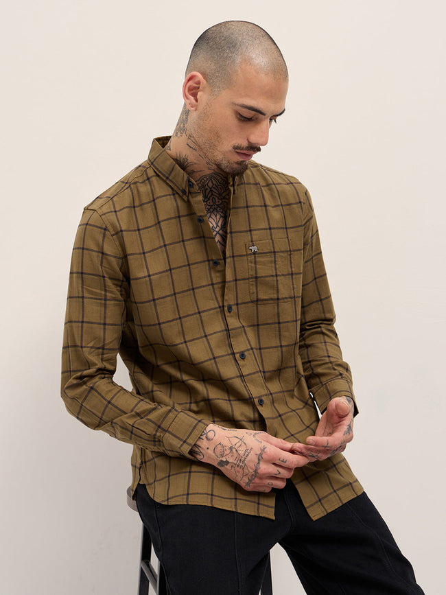 Men Mustard Plaid Checks Design Slim Fit Casual Shirt