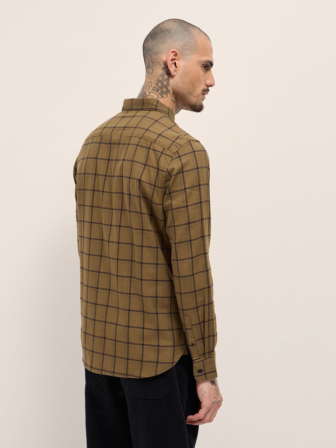Men Mustard Plaid Checks Design Slim Fit Casual Shirt