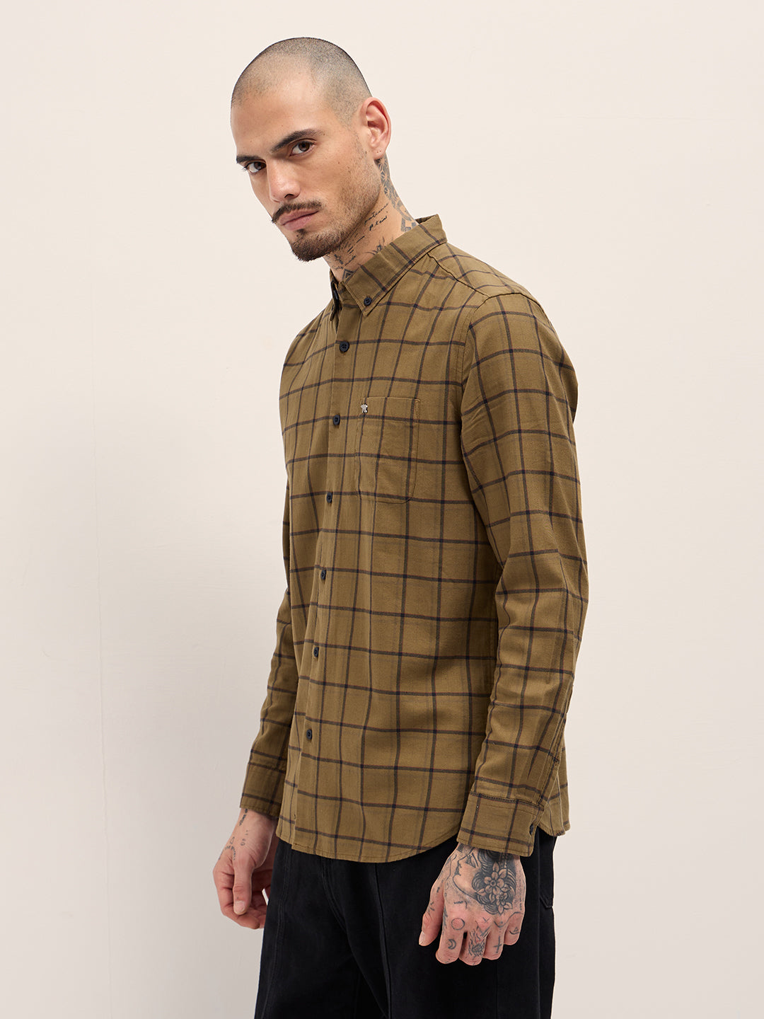 Men Mustard Plaid Checks Design Slim Fit Casual Shirt