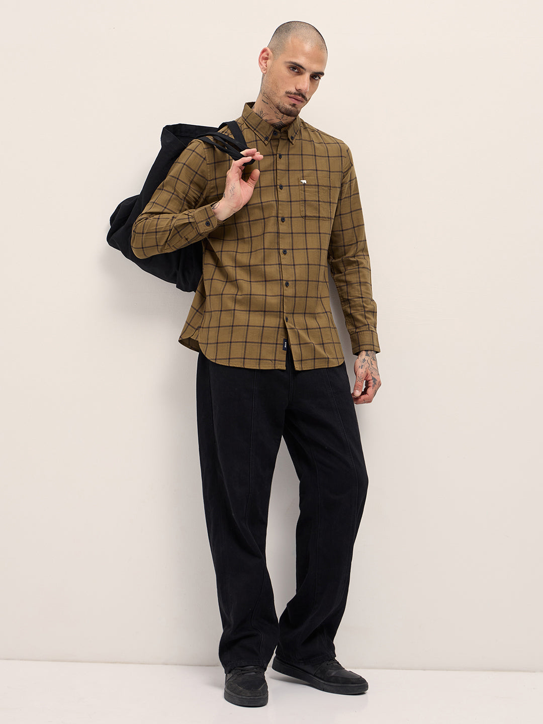 Men Mustard Plaid Checks Design Slim Fit Casual Shirt