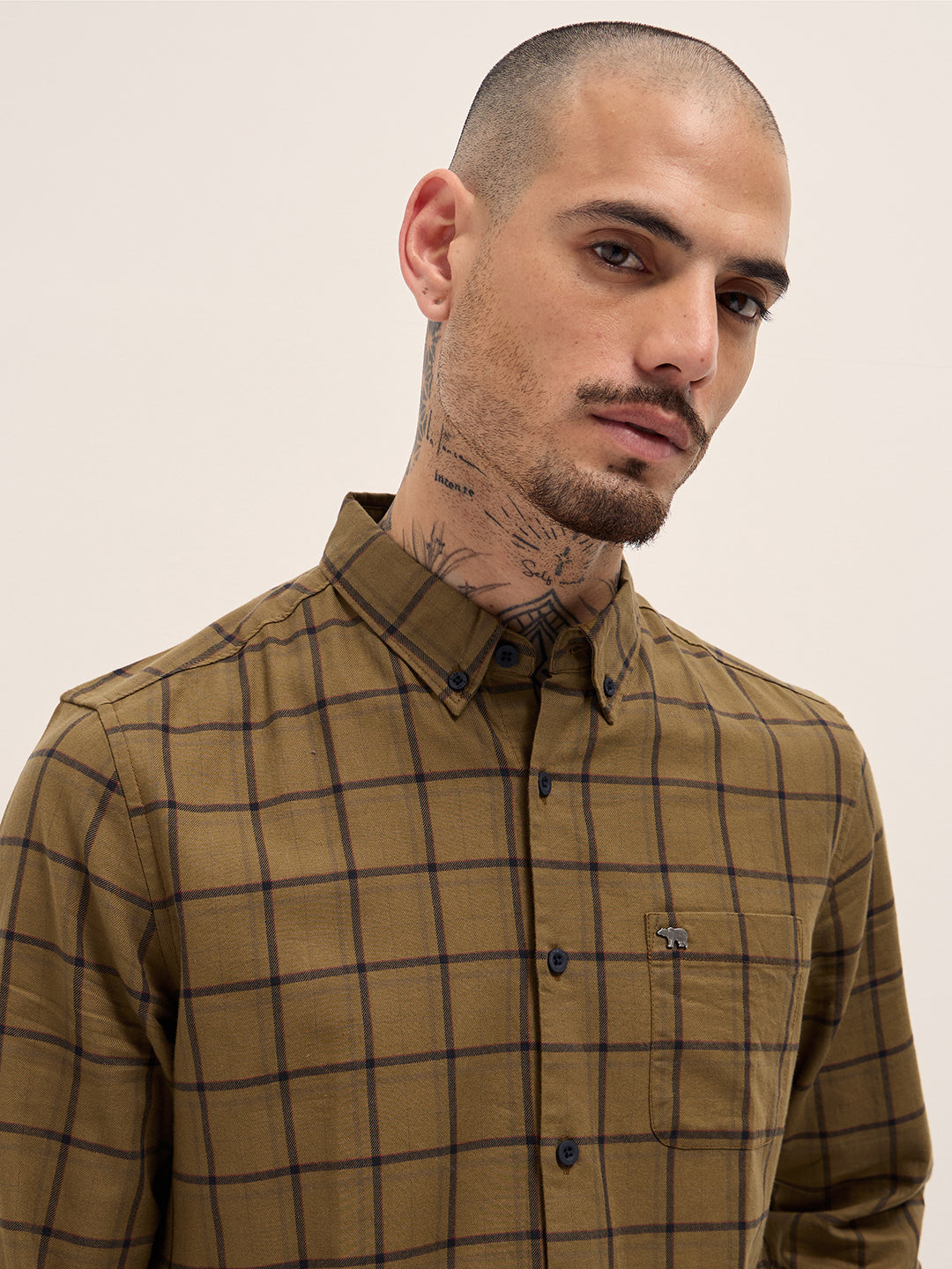 Men Mustard Plaid Checks Design Slim Fit Casual Shirt