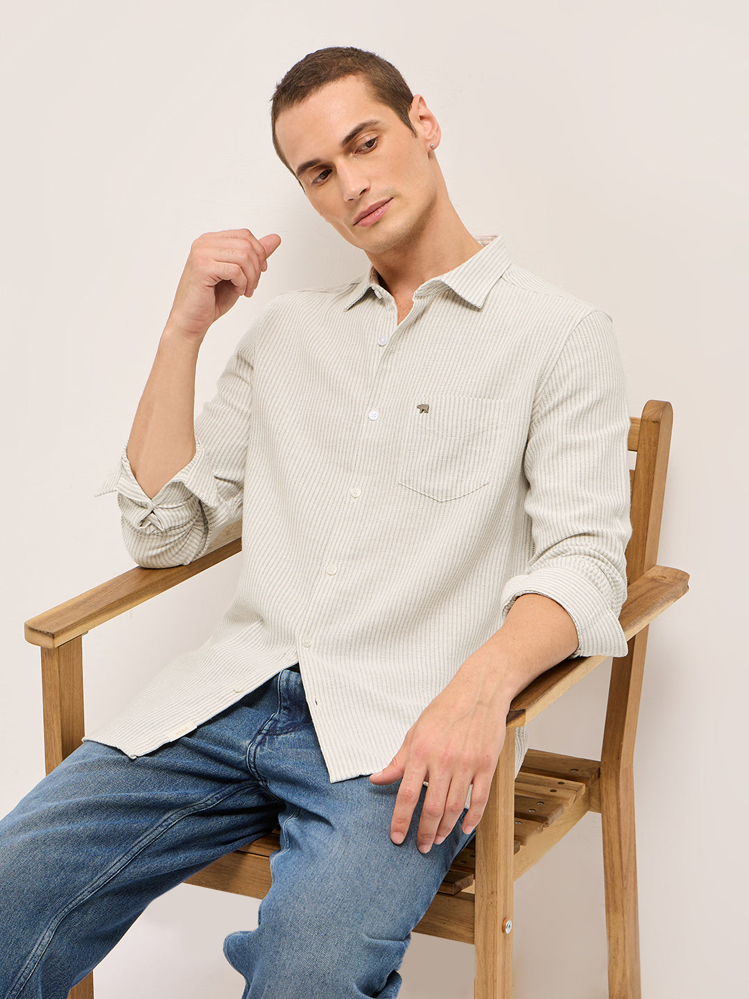 Men Grey Slim Fit Woven Pinstripe Casual Shirt