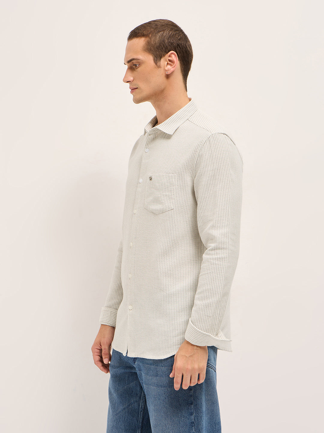 Men Grey Slim Fit Woven Pinstripe Casual Shirt