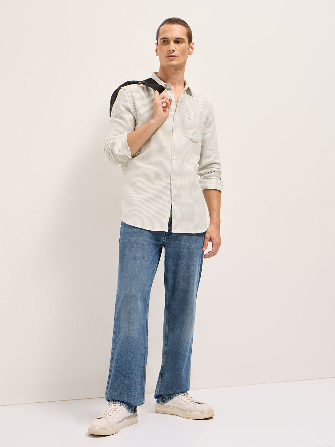 Men Grey Slim Fit Woven Pinstripe Casual Shirt