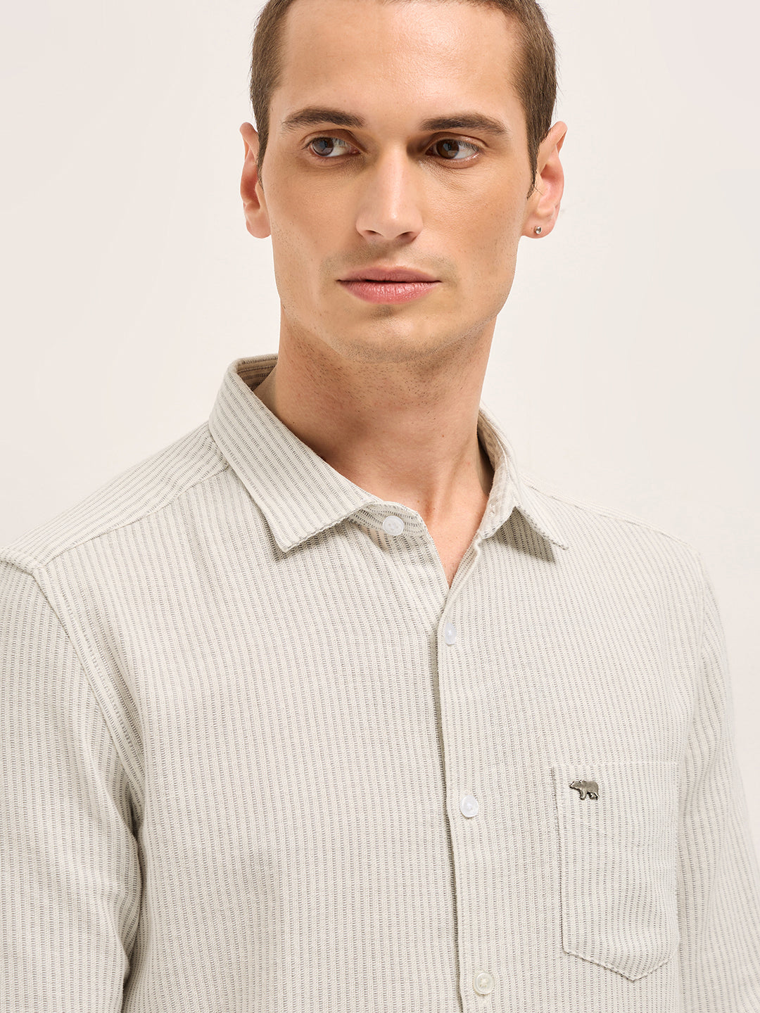 Men Grey Slim Fit Woven Pinstripe Casual Shirt
