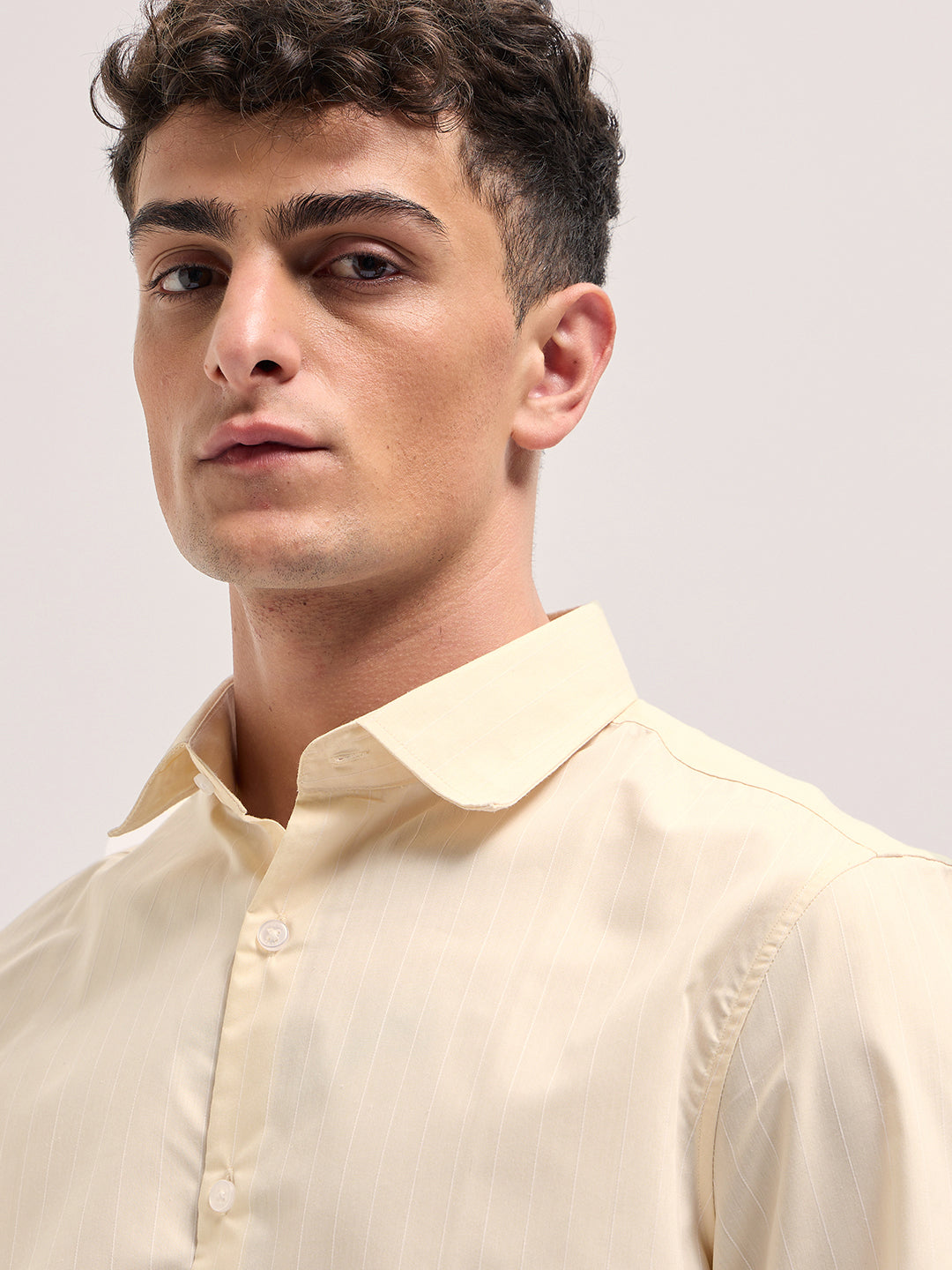 Men Cream Vertical Striped Tailored Fit Formal Shirt