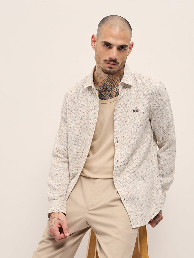 Men Cream Woven Design Slim Fit Casual Shirt