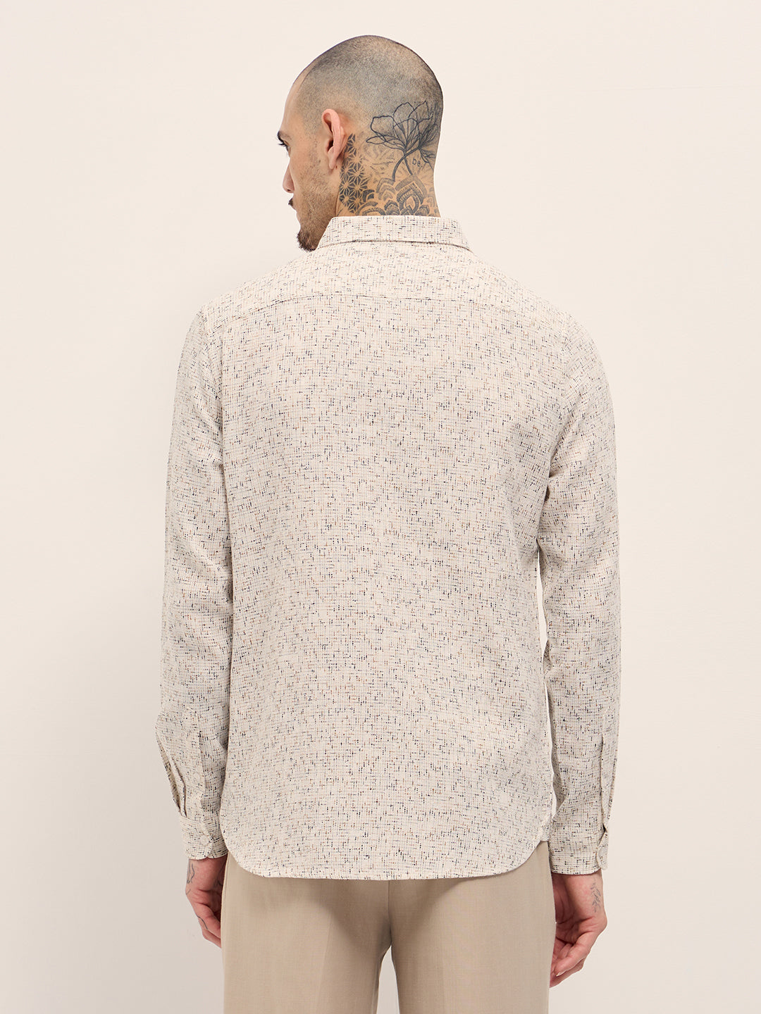 Men Cream Woven Design Slim Fit Casual Shirt