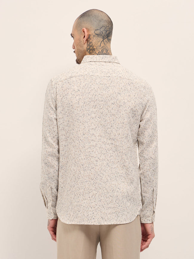 Men Cream Woven Design Slim Fit Casual Shirt