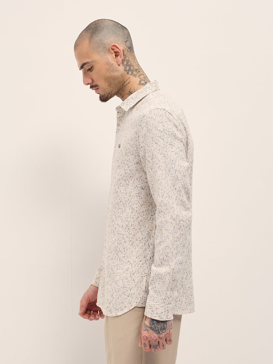 Men Cream Woven Design Slim Fit Casual Shirt
