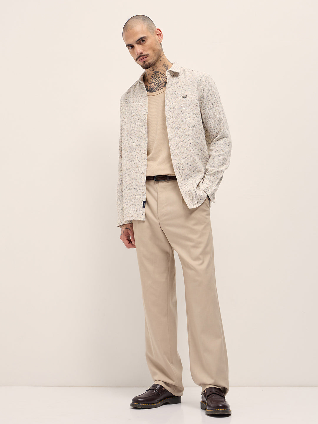 Men Cream Woven Design Slim Fit Casual Shirt