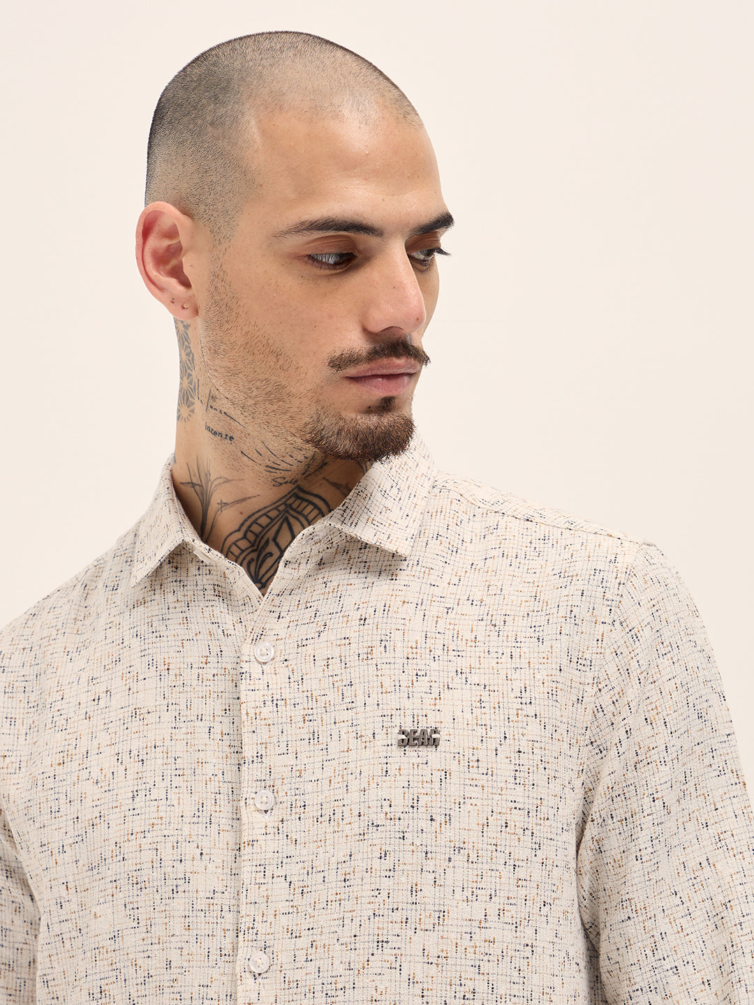 Men Cream Woven Design Slim Fit Casual Shirt
