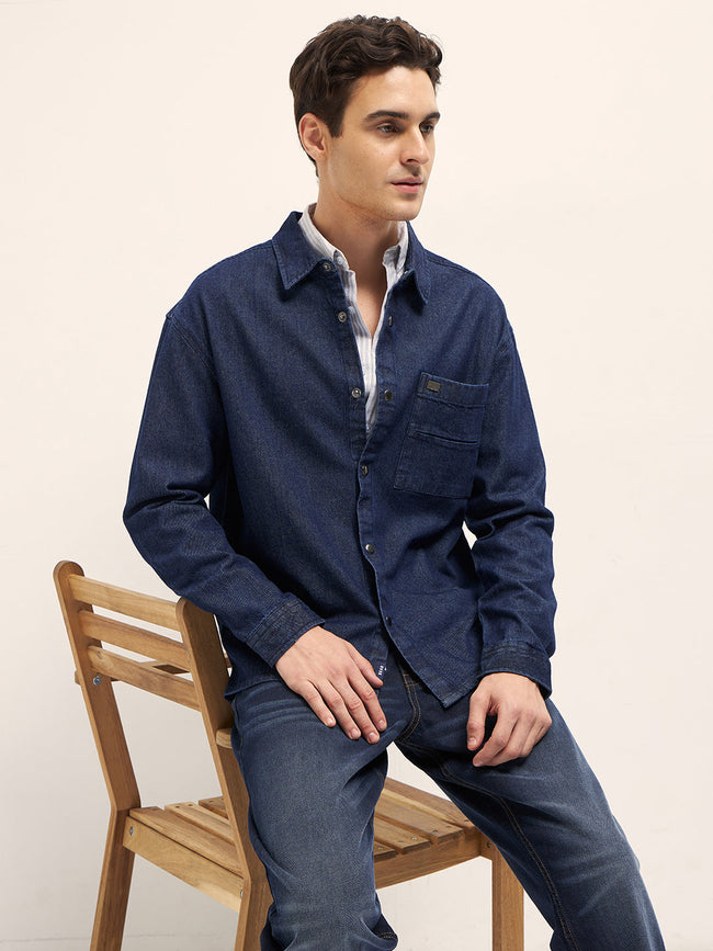 Men Blue Solid Cotton Denim Relaxed Fit Shacket