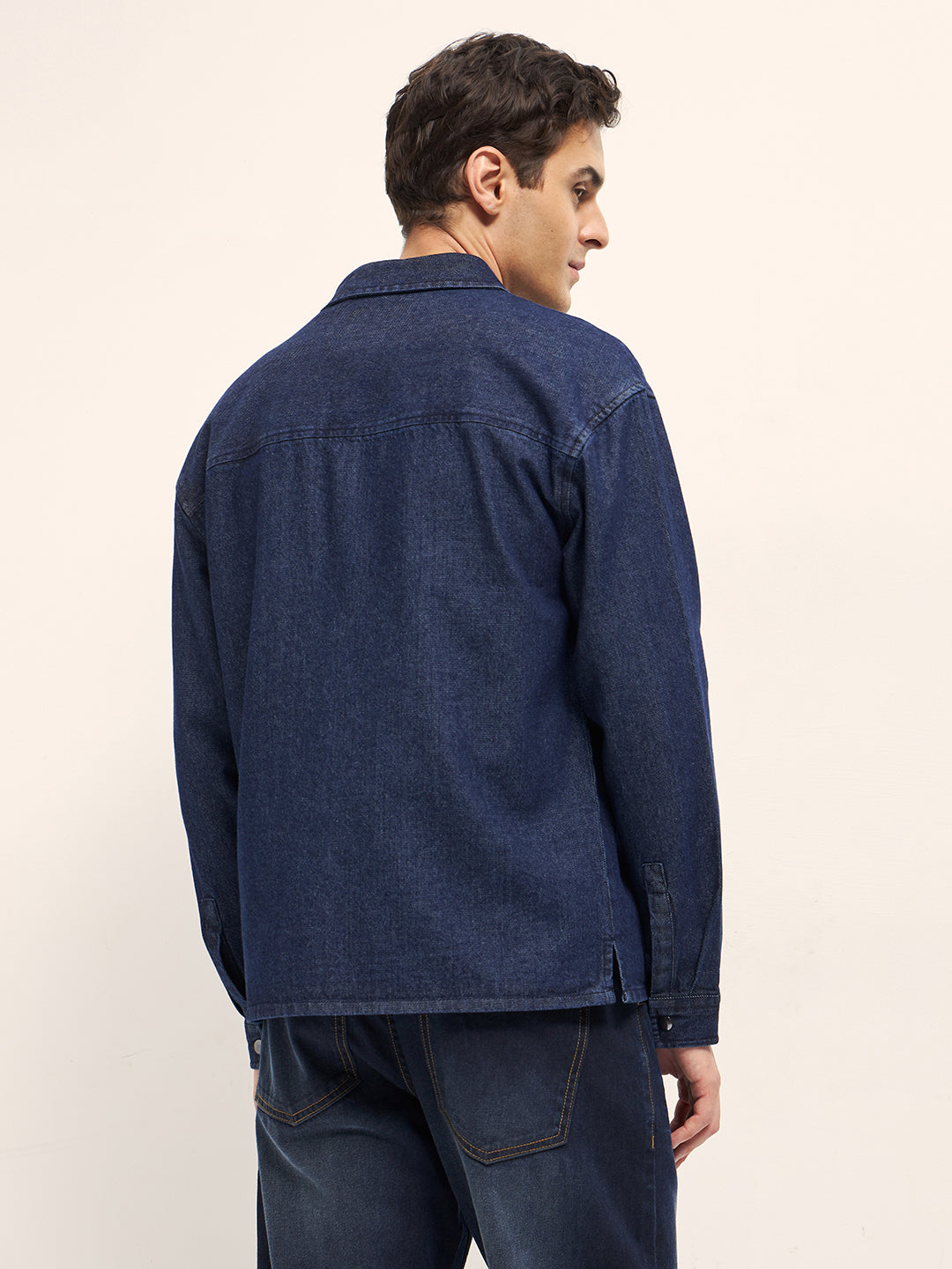 Men Blue Solid Cotton Denim Relaxed Fit Shacket